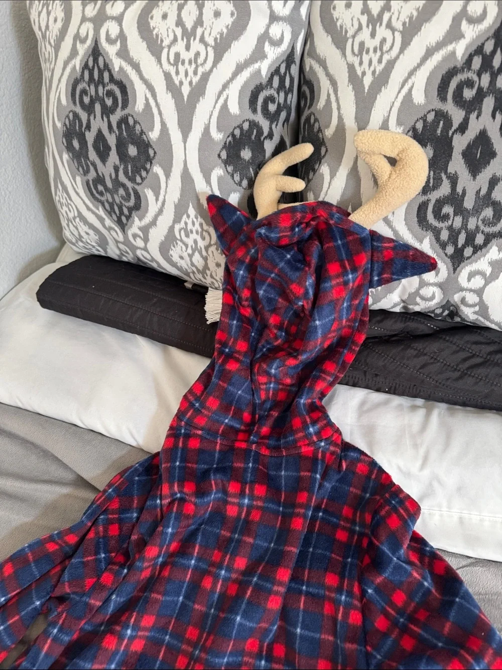 Kids Plush Red & Navy Plaid deer hooded-Footie Christmas Halloween PJ xl